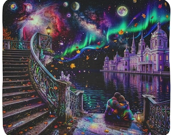 Aurora Nightscape Fleece Sherpa Blanket | Galaxy Cityscape, Romantic Starlit Steps