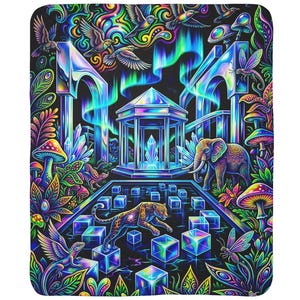Könnte beinhalten: Eine lebendige, psychedelische Decke mit einer fantastischen Szene mit einem Leoparden, einem Elefanten und Vögeln. Das Design umfasst einen Pavillon, schwebende Würfel und ein farbenfrohes Nordlicht. Die Decke ist ein einzigartiges Kunstwerk.