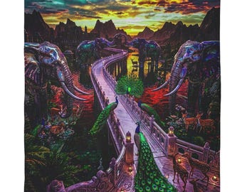 Coperta in pile Sherpa Mystical Peacock Palace | Scena fantasy del ponte al tramonto