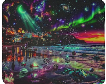 Manta con paisaje nocturno de Aurora Beach | Luces del norte de neón, océano cósmico