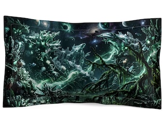 Massive Coral Nightscape Pillow Sham | Cosmic Moonlight Botanical Scene