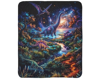 Coperta con scena cosmica di dinosauri | Brontosauro Pterosauro Paesaggio notturno in pile