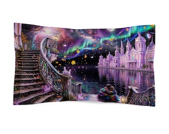 Kussensloop met droomachtig kasteel aan het water | Fantasiescène met noorderlicht