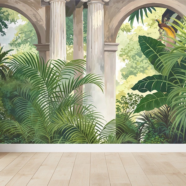 Décoration Murale Numérique - Vue sur Jardin Tropicale à travers des Arcades Classiques, Téléchargement Haute Résolution