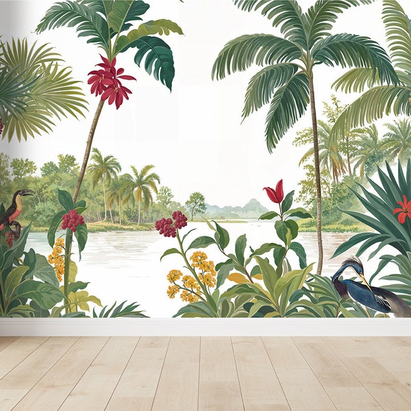 Digital Mural - Tropical Paradise with Exotic Birds and Colorful Flowers, High Resolution Download for Wall Decor