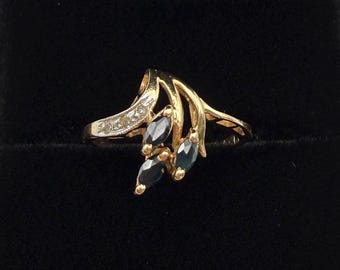 Blue Sapphire and Diamond Ring 10k Solid Yellow Gold