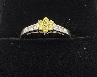 Yellow Sapphire and Diamond Flower Ring 10k Solid White Gold