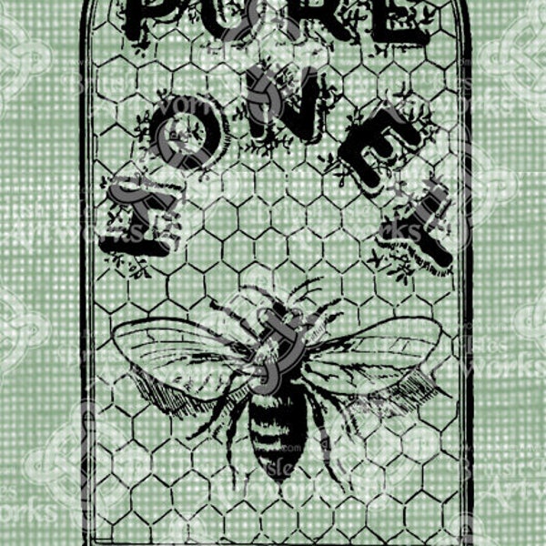 Digital Download, Honey Label, Bumble Bee and Honeycomb, Transparent png, Digi Stamp, Iron On Transfer, Antique Vintage Illustration