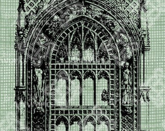 Digital Download Cathedral Gothic Stone Doorway, Ornate digi stamp, Architecture Stone Entrance Antique Illustration, Medieval