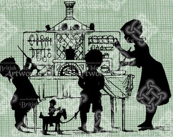 Digital Download Young Children Playing House in Kitchen Vintage Silhouette Cooking Baking digi stamp digital graphic Solid Simple Transfer