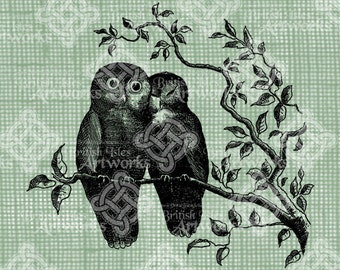 Digital Download Love Owls Cuddling on a branch Vintage graphic, digi stamp, Bird Illustration, Animals, Nature Owl Pair