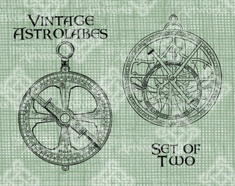 Digital Download Vintage Astrolabe Set of 2, Astrology digi stamp, Antique Illustration, Astrolabes Astronomy Sun Moon Sky digital transfer