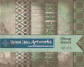 Vintage Ireland Digital Scrapbook Paper Pack, Celtic Knots, Celtic Cross, Irish Set of 6 12x12 St Patricks Day Plaid Tartan Grunge jpg files