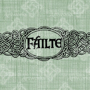 May include: Black and white illustration of a Celtic knot design with the word "Fáilte" in the centre. The word is in a circular frame.