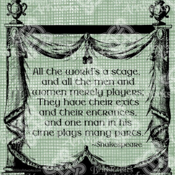 Digital Download All the World's a Stage Shakespeare Quote, digi stamp, digital collage sheet, Digital Transfer Theater Stage Actor Actress