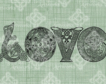 Digital Download, LOVE in Celtic Letters, St Patrick's Day, Ireland, Celtic Knot, Shamrock Iron on Transfer, DigiStamp, Transparent png