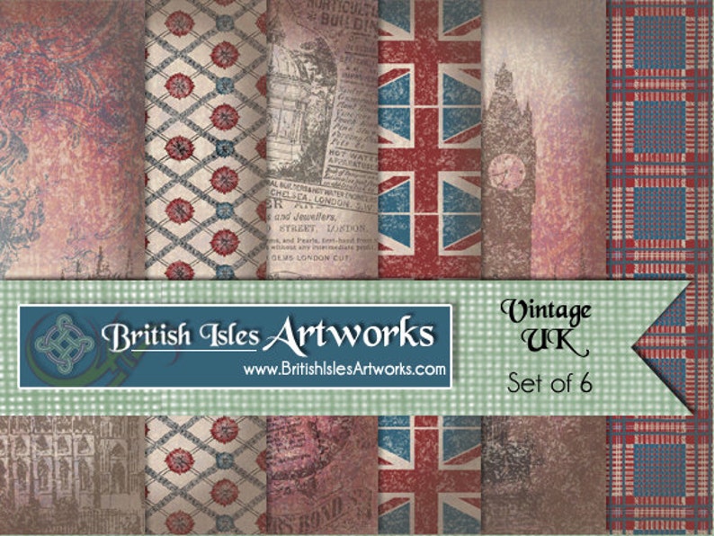 12x12 Plaid Tartan Grunge jpg files Great Britain England British English Union Jack Flag Set of 6 Vintage UK Digital Scrapbook Paper Pack
