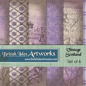 Vintage Ecosse Digital Scrapbook Paper Pack, Chardons, Cornemuse, Noeuds Celtiques, Ensemble écossais de 6 12x12 Plaid Tartan Grunge jpg fichiers
