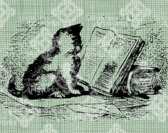 Digital Download Kitty reading a book, Vintage Illustration digi stamp, digis, digital graphic, kitten cat Antique Illustration Transfer