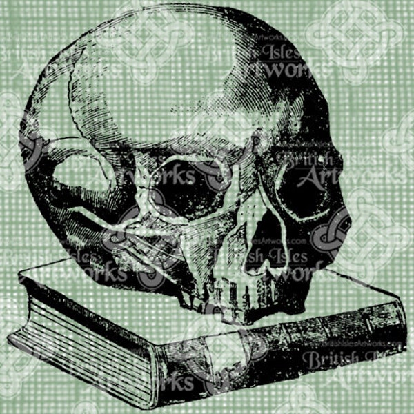 Digital Download Skull and Book Halloween Vintage graphic, digi stamp, Gothic, Scary Creepy Digital Transfer