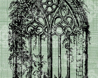 Digital Download Gothic Cathedral Window with vines Antique Illustration, Vintage drawing, digi stamp, Stained Glass Cathedral Church Window