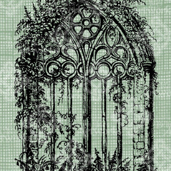 Digital Download Gothic Cathedral Window with vines Antique Illustration, Vintage drawing, digi stamp, Stained Glass Cathedral Church Window