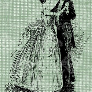May include: An antique black and white illustration of a couple dancing. The woman wears a long gown, and the man is in a suit. The background is a light green with a grid pattern. The image has a vintage aesthetic.