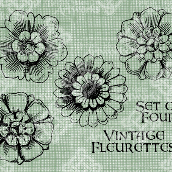 Digital Download Vintage Fleurettes Decorative Motif Set of 4 Fleurs, Baroque Flower Elements digi stamp Illustration, Digital Transfer