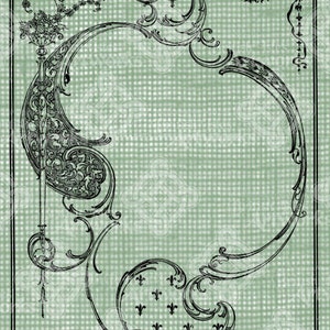 May include: A vintage style green and black decorative frame with ornate floral and scroll designs. The frame has a textured background and is perfect for adding a touch of elegance to any project.