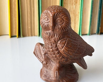 Vintage resin owl statue, decor, retro kitsch craft.