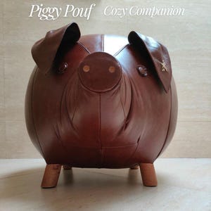 Handmade Brown Italian Leather Pig Pouf, Whimsical Animal Ottoman