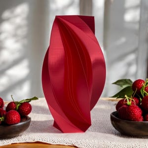 May include: A red, folded paper vase with a unique, twisted design. The vase is sitting on a white lace tablecloth with a bowl of red strawberries in the background.