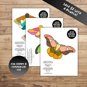May include: Three printable stained glass patterns featuring colorful butterflies. The patterns are titled "Jess Breaks Glass" and are for hobby and commercial use. The text "Save $2 with a bundle!" is displayed in a speech bubble.