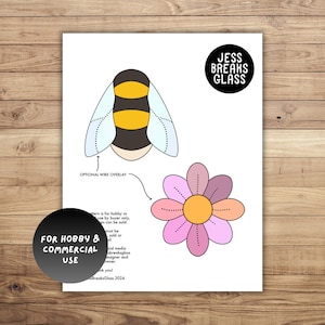 May include: A printable pattern for a bee and a flower. The bee is yellow and black with light blue wings. The flower is pink with a yellow centre. The text "FOR HOBBY & COMMERCIAL USE" is in a black circle. The text "JESS BREAKS GLASS" is in a black circle.