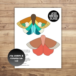 May include: Two colorful butterfly-shaped stained glass patterns. The top butterfly is blue, green, yellow, and brown. The bottom butterfly is red, orange, and white. The text "JESS BREAKS GLASS" is in a circle at the top of the page. The text "FOR HOBBY & COMMERCIAL USE" is in a circle at the bottom of the page. The text below the circle reads "ttern is for hobby or use by buyer only, es can be sold. nnot be sold or d. cial media sbreaksglass Designer and owner. ank you! sBreaksGlass 2024"