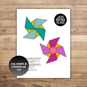 May include: A digital pattern sheet featuring two pinwheel designs. One pinwheel has teal, light blue, and olive green segments. The other has magenta and orange segments with a pink center. Text includes JESS BREAKS GLASS and FOR HOBBY & COMMERCIAL USE.