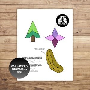 May include: A printable digital pattern for stained glass projects featuring a green tree, a purple star, and a green pickle. The text "JESS BREAKS GLASS" is at the top of the page. The text "FOR HOBBY & COMMERCIAL USE" is at the bottom of the page.