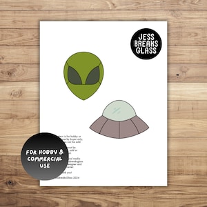 Könnte beinhalten: Ein digitaler Download von zwei Schwarzweiß-Zeichnungen eines Außerirdischen und eines UFOs. Der Text "JESS BREAKS GLASS" befindet sich in einem Kreis oben auf der Seite. Der Text "FOR HOBBY & COMMERCIAL USE" befindet sich in einem Kreis unten auf der Seite.