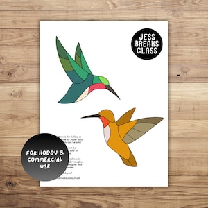 May include: Two stained glass hummingbird patterns, one green and one orange, on a white background. The text "JESS BREAKS GLASS" is in a circle at the top of the page. The text "FOR HOBBY & COMMERCIAL USE" is in a circle at the bottom of the page.