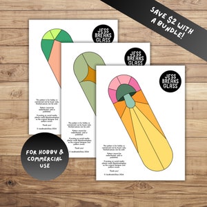 May include: Three colorful stained glass patterns on white paper. Each pattern features a unique design with geometric shapes and vibrant colors. The text "JESS BREAKS GLASS" is printed on each pattern. The phrase "FOR HOBBY & COMMERCIAL USE" is also visible.