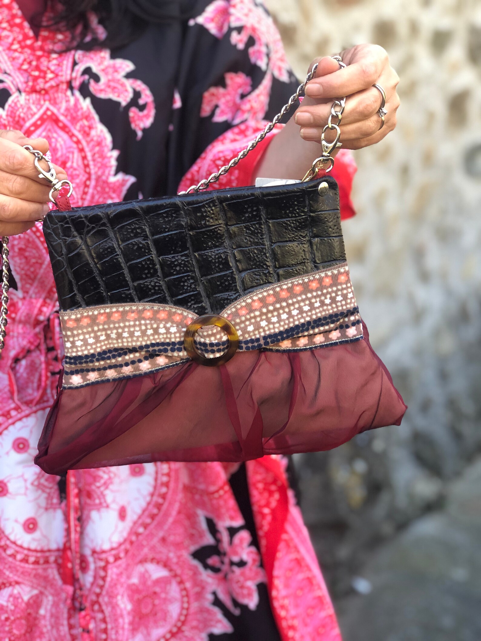 Small Purse on Silk and Leather With Print Velvet Belt on of Etsy
