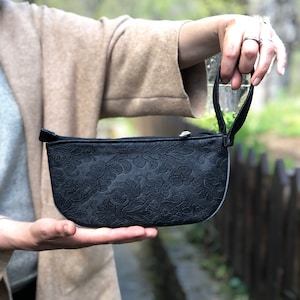 Bolsa preta elegante com zíper de couro ecológico damasco, bolsa para moedas, chaves ou celulares, carteira à prova d'água, carteira de tamanho grande