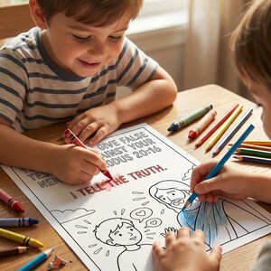 May include: Two children are coloring a black and white line drawing with crayons and colored pencils. The drawing features a biblical scene with the text "GIVE FALSE WITNESS AGAINST YOUR EXODUS 20:16 I TELL THE TRUTH."