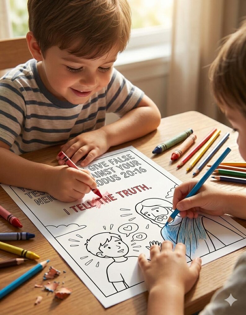 May include: Two children are coloring a black and white line drawing with crayons and colored pencils. The drawing features a biblical scene with the text "GIVE FALSE WITNESS AGAINST YOUR EXODUS 20:16 I TELL THE TRUTH."