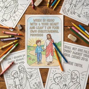 May include: Coloring pages with religious themes, featuring illustrations of Jesus with children. The pages include Bible verses and inspirational quotes. Colored pencils, crayons, and erasers are scattered around the pages on a wooden surface.