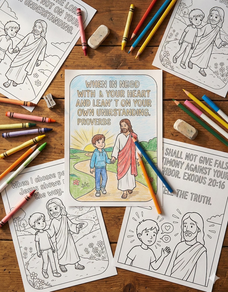 May include: Coloring pages with religious themes, featuring illustrations of Jesus with children. The pages include Bible verses and inspirational quotes. Colored pencils, crayons, and erasers are scattered around the pages on a wooden surface.
