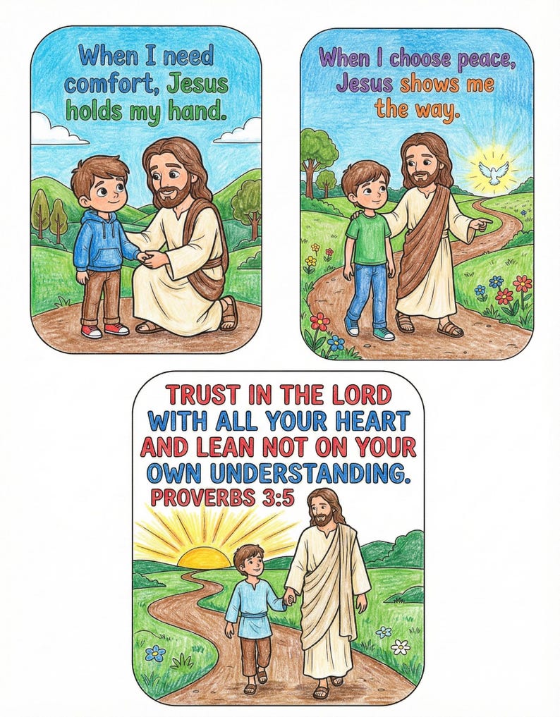 May include: Three colorful illustrations depict Jesus with a child. The first shows Jesus holding the child's hand with the text "When I need comfort, Jesus holds my hand." The second shows Jesus pointing the way with the text "When I choose peace, Jesus shows me the way." The third shows Jesus and the child walking with the text "Trust in the Lord... Proverbs 3:5."