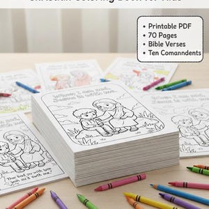 May include: A stack of "Feelings with Jesus" Christian coloring books for kids, with the text "Christian Coloring Book for Kids" at the top. The image includes colored pencils and the text "Printable PDF", "70 Pages", "Bible Verses", and "Ten Commandments".