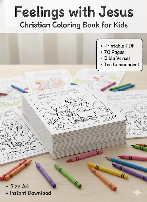 Feelings with Jesus Coloring Book – Bible Verses & Ten Commandments (70 Pages, Digital Download)