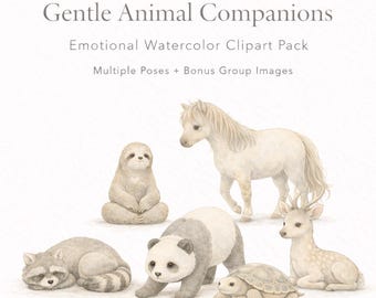 Gentle Animal Companions Clipart | Emotional Watercolor Animals PNG | Calm Mindful Clipart Pack